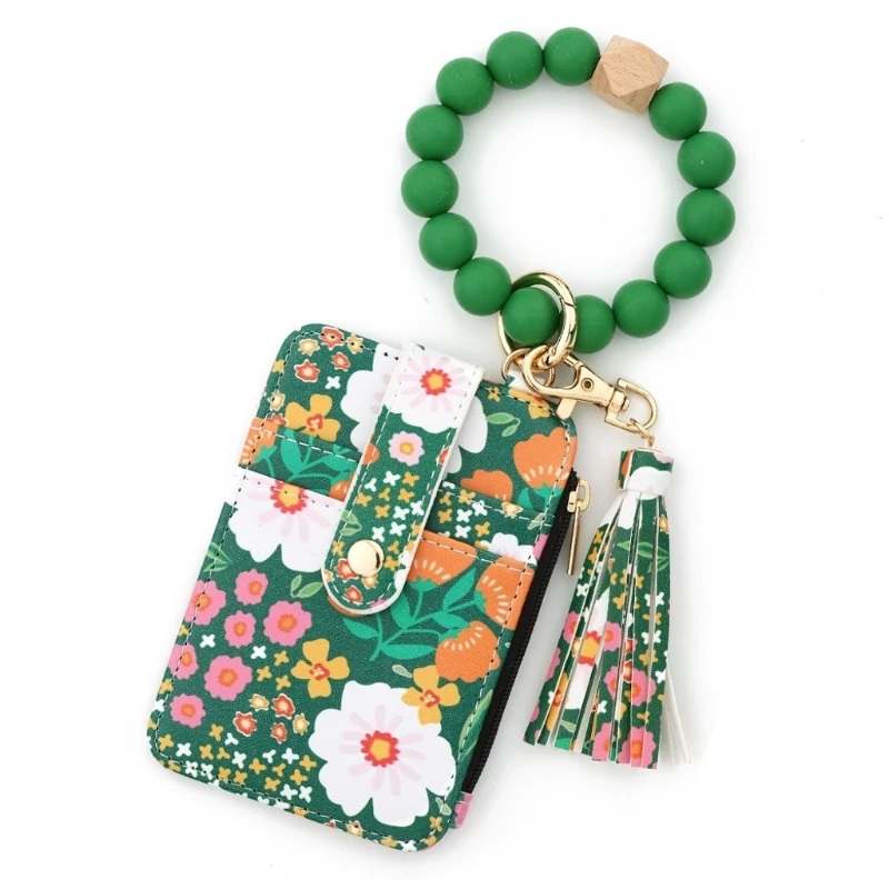 X5XA Women's Boho Beaded Wallet with Flower Pattern, Women Boho Beaded & Tassel Decorated Keychain, Credit Card Holder