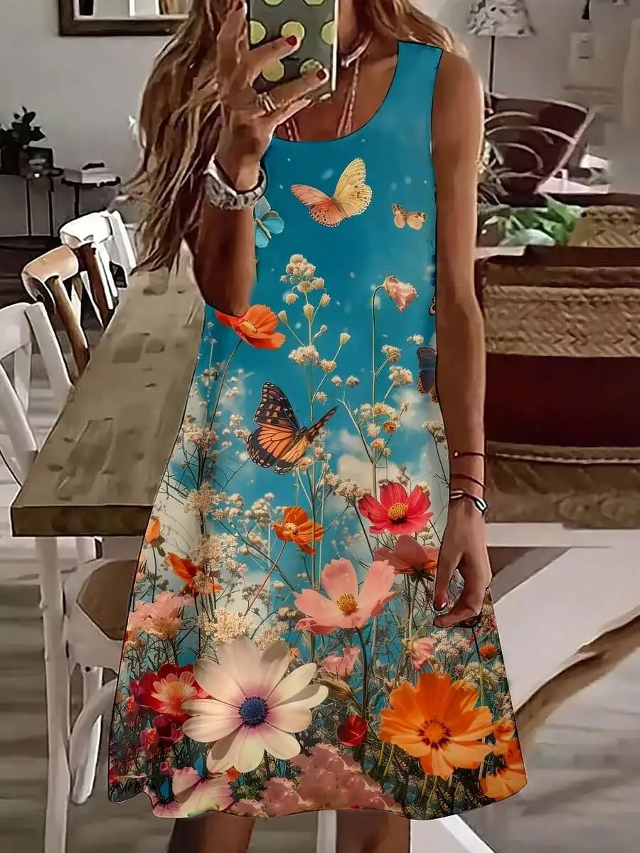 

Women Sleeveless Floral Butterfly Print Summer Vacation Dress