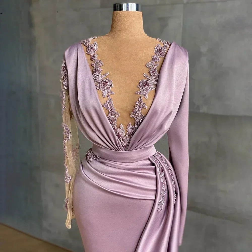 Customized Elegant And Tasteful Women's Decal V-neck Slim Mermaid Dance Dress Purple Satin Evening Dress Long Wrap