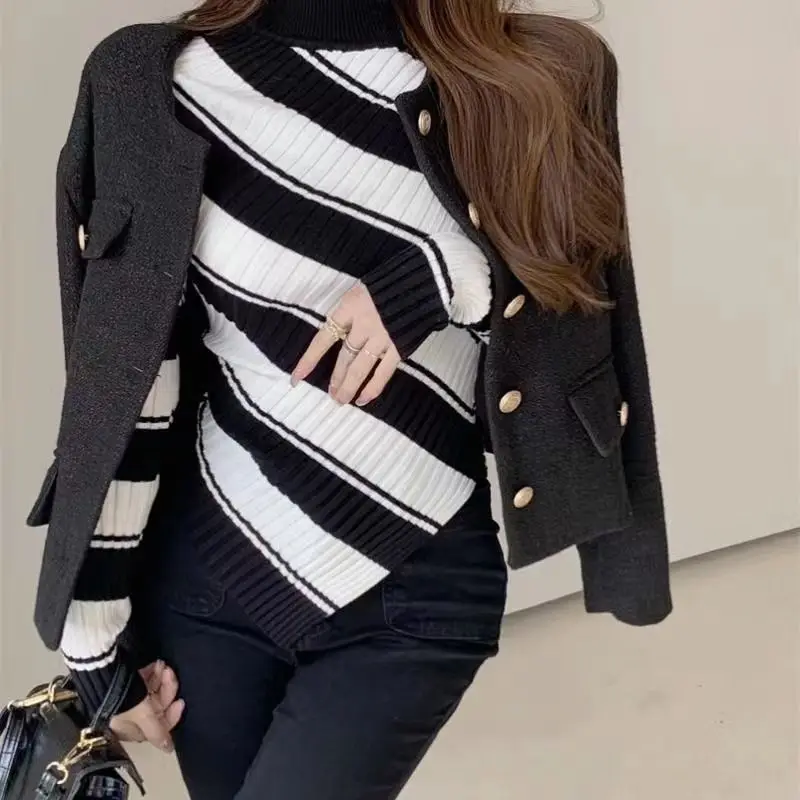 Autumn and Winter Women\'s Half High Collar Long Sleeve Stripe Irregular Slim Sweaters Jumpers Fashion Office Lady Korean Tops