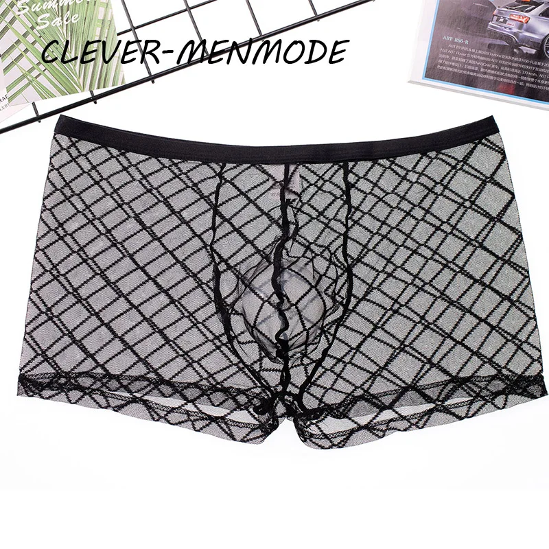 Men\'s Sexy Transparent Lace Panties Fishnet Sheer Boxer Shorts Breathable Low Rise Lingerie Exotic Costume Mesh Outfit