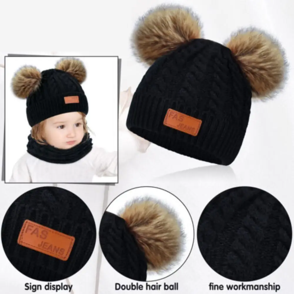 Fashion Knitted Baby Pompom Beanie Cap Soft Plush Hemming Hat Winter Warm Double Pompom Ski Hats Toddler Infant