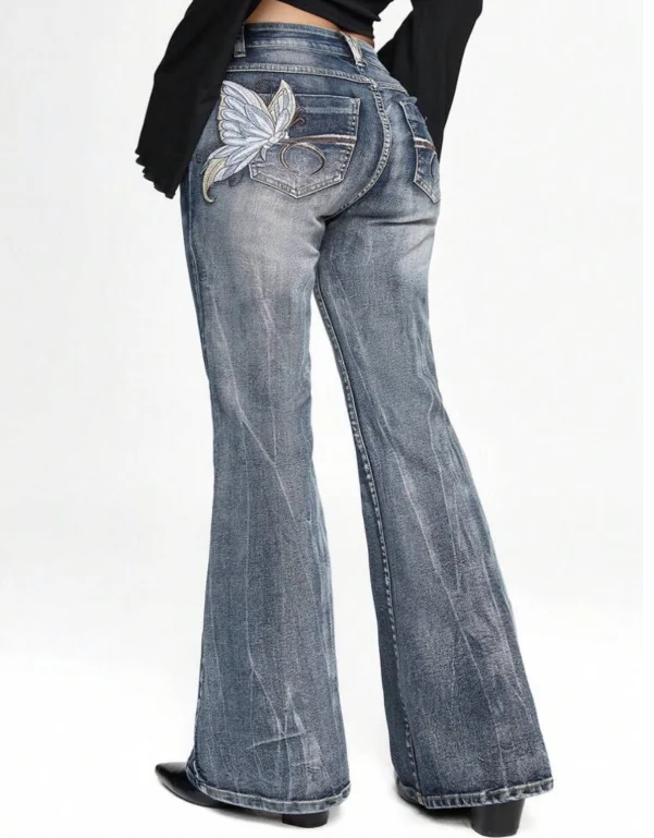 Embroidered Wings Cross Slim Fit Denim Jeans Women's Fashion Y2K Cotton Machine Embroidery Medium Stretch Jeans w79