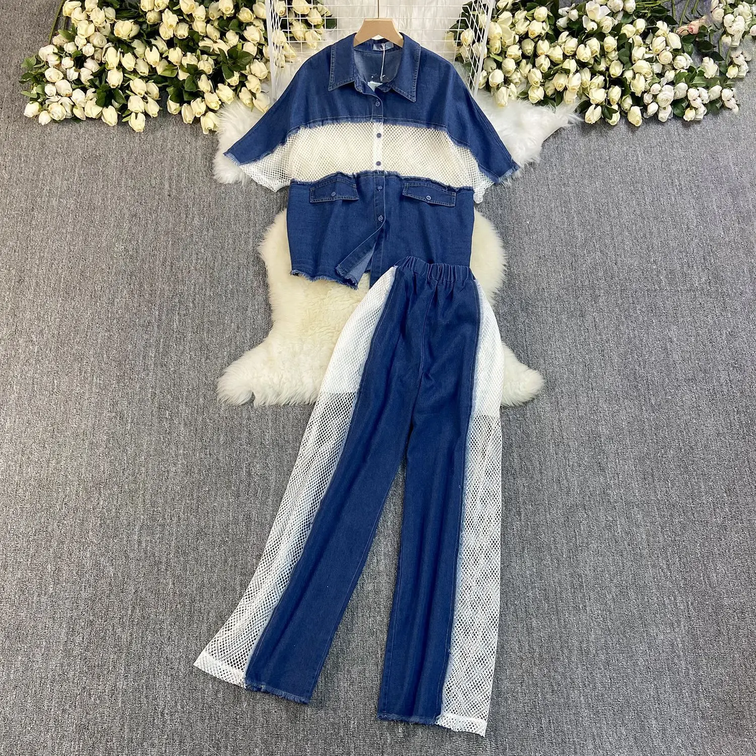 

Two Piece Sets Women Pant Set Denim Turn Down Collar Matching Sets Y2k Streetwear Loose Tops Wide Leg Long Pants High Waist 2025