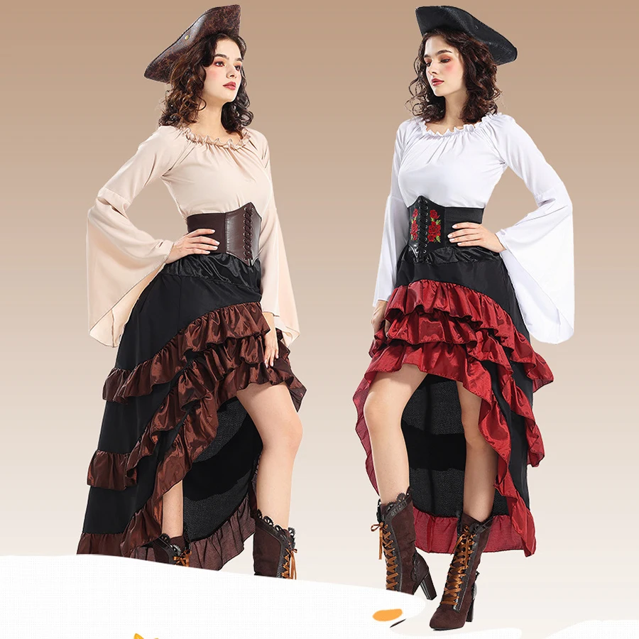 Cosplay Pirate Queen Costume Women Medieval Ocean Captain Waist Cinched Long Skirt Navigator Long Sleeves Evening Dress Makeup