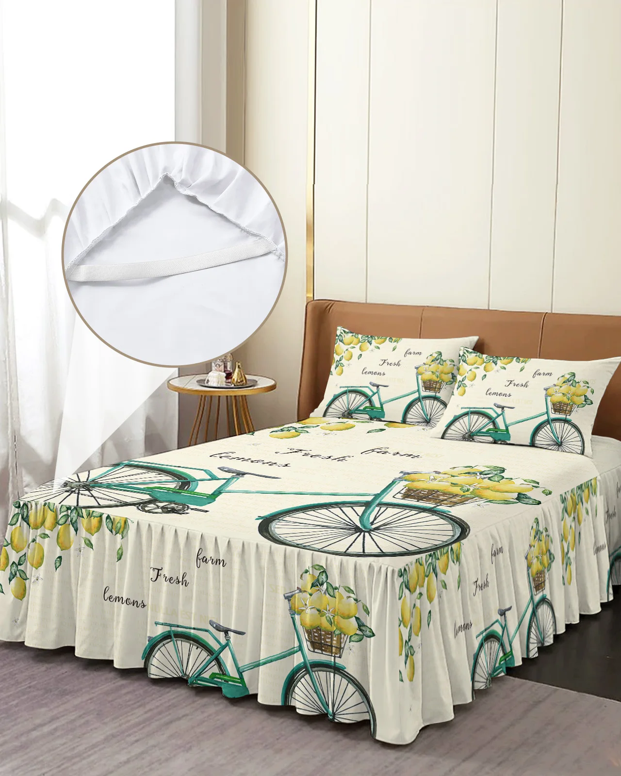 

Fruit Lemon Bike Bed Skirt Elastic Fitted Bedspread With Pillowcases Bed Protector Mattress Cover Bedding Set Bed Sheet