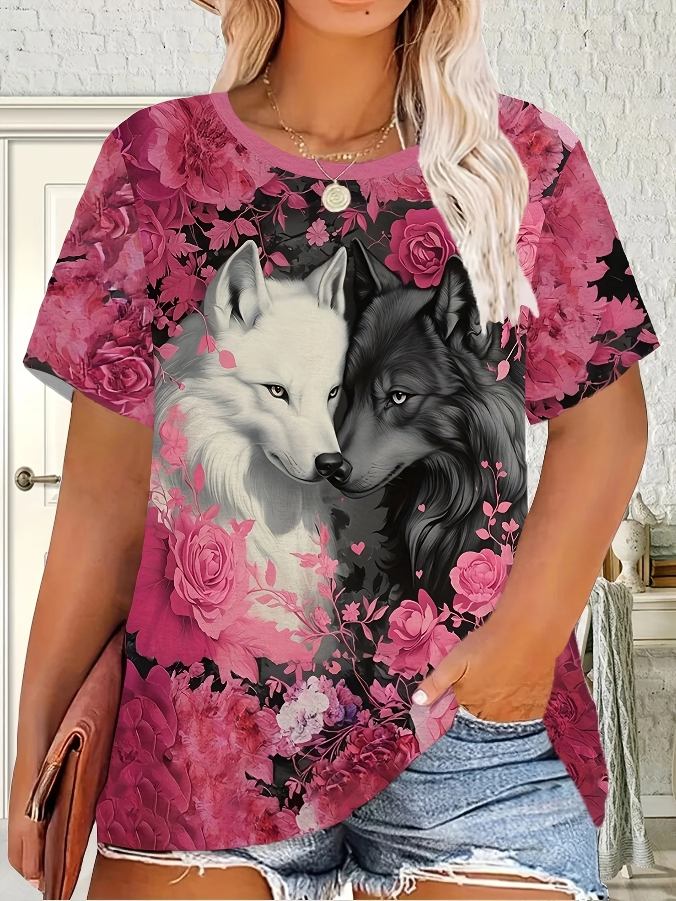 Women Crew Neck Short Sleeve T‑shirt Black White Wolf Couple Pink Rose Floral Print Casual Summer Top