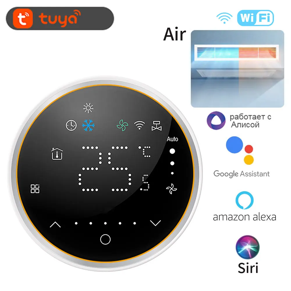 Imagem -03 - Termostato Inteligente Programável Wi-fi Tuya para Controle de Aquecimento e Refrigeração com Interruptor de Válvula de Contato Seco Display Digital Led Ventilador de Três Velocidades para Sistema de ou Tubos. fu