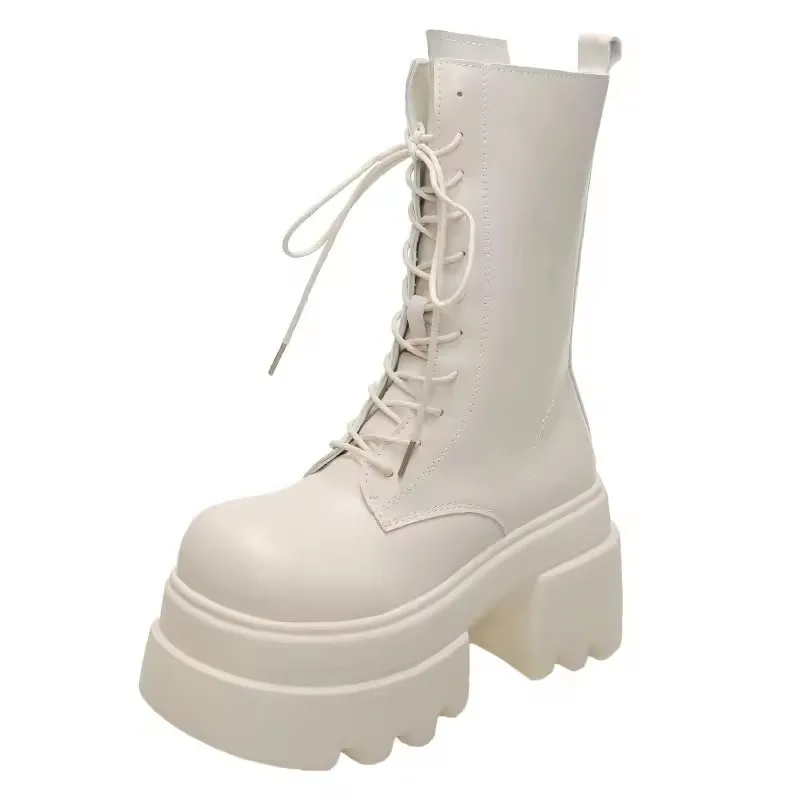 

New Winter Autumn Thick Bottom Short Boots Retro Chunky Platform Mid-calf Boots Women Leather Motorcycle Boots Woman Botas Mujer