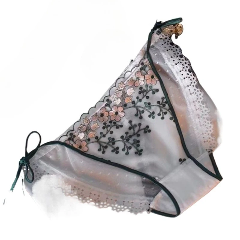 Lace Embroidered Lace-up Bow Panties Women's Antibacterial Cotton Crotch Korean Version Floral Bow Sexy Mesh Briefs Underwear