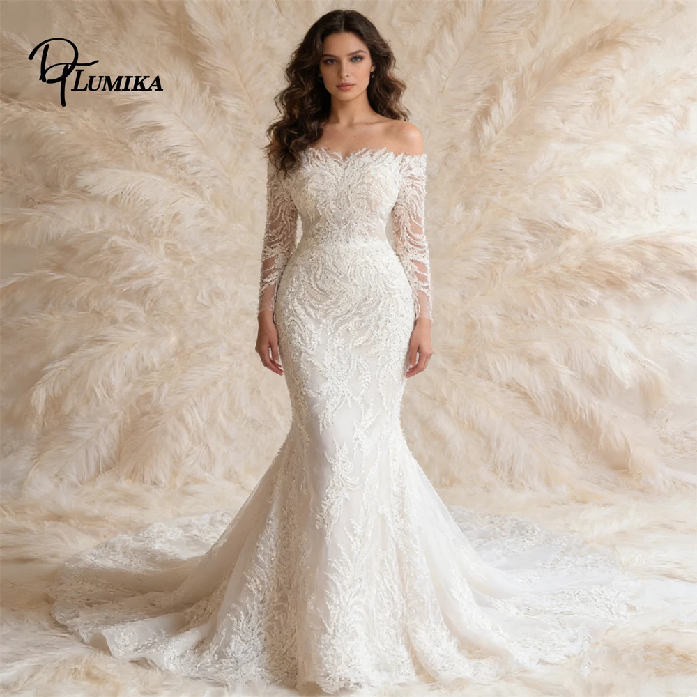 Arabic Style Beaded Lace Appliques Wedding Dress for Women 2026 Tailored Mermaid Bridal Gown Illusion Full Sleeves Bridal Gown
