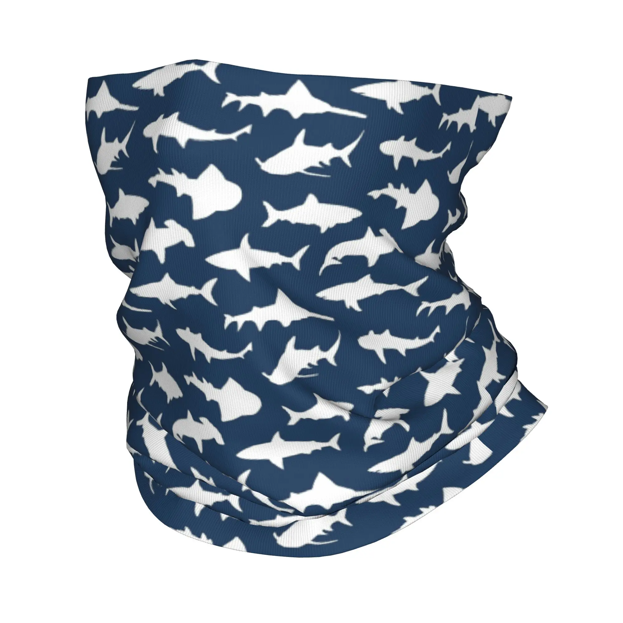 

Shark on Navy Blue Bandana Neck Gaiter Printed Wrap Scarf Multifunctional Balaclava Hiking Unisex Adult Breathable