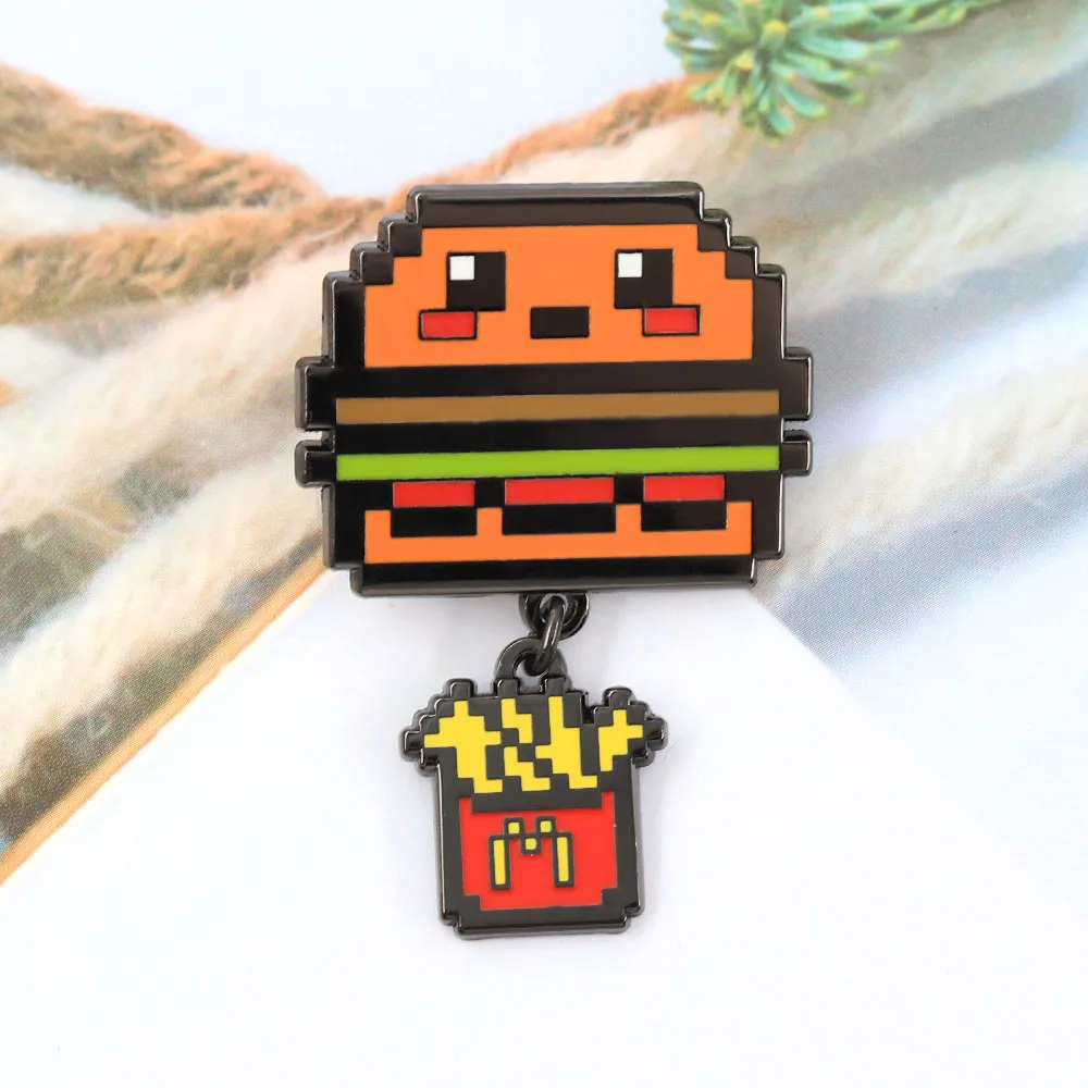 Lustige Pixel-Art Hamburger Emaille-Pins Kreative Niedliche Burger-Broschen mit Pommes Frites Retro-Essens-Abzeichen Rucksack-Anstecknadel – Detail 6