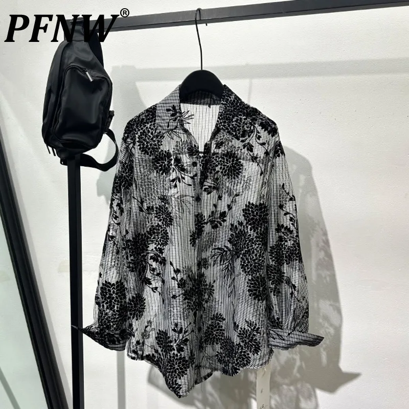 PFNW Niche Style Men's Shirts Thin Hollow Out Printing Casual Tops Lapel Long Sleeve Long Single Breasted New Chic 2025 12C304