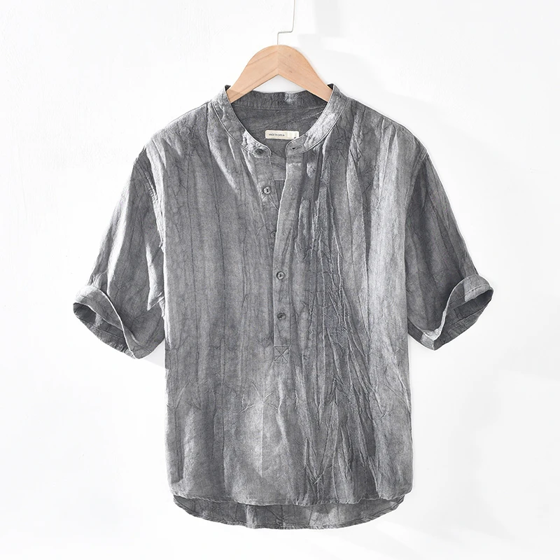 

2026 Summer New Vintage Pleated Breathable Pure Linen Half Sleeve Shirt for Men Slim Pullover Solid Color Stand Collar