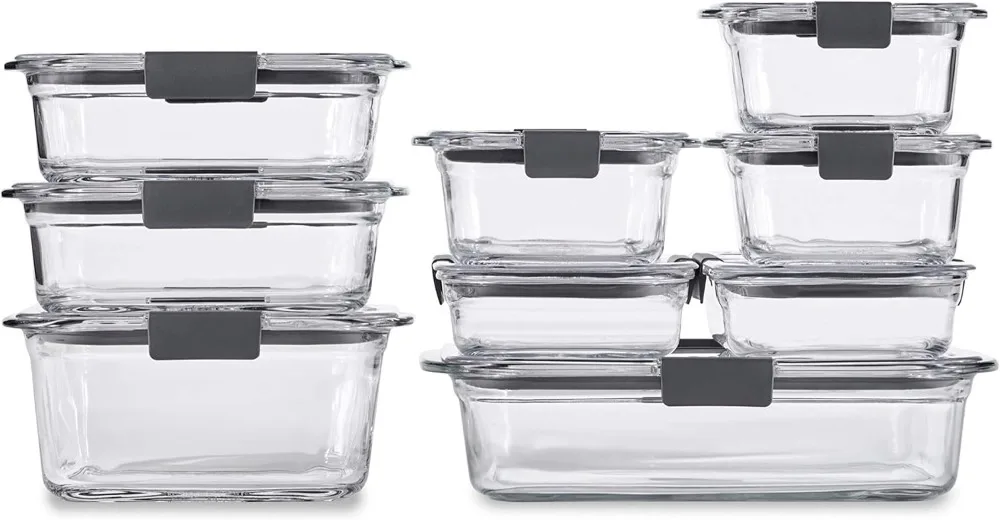 

Rubbermaid Brilliance Glass Storage Food Containers with Lids (18 Pieces Total), Set of 9 (Varied Sizes), Clear, 9 Count