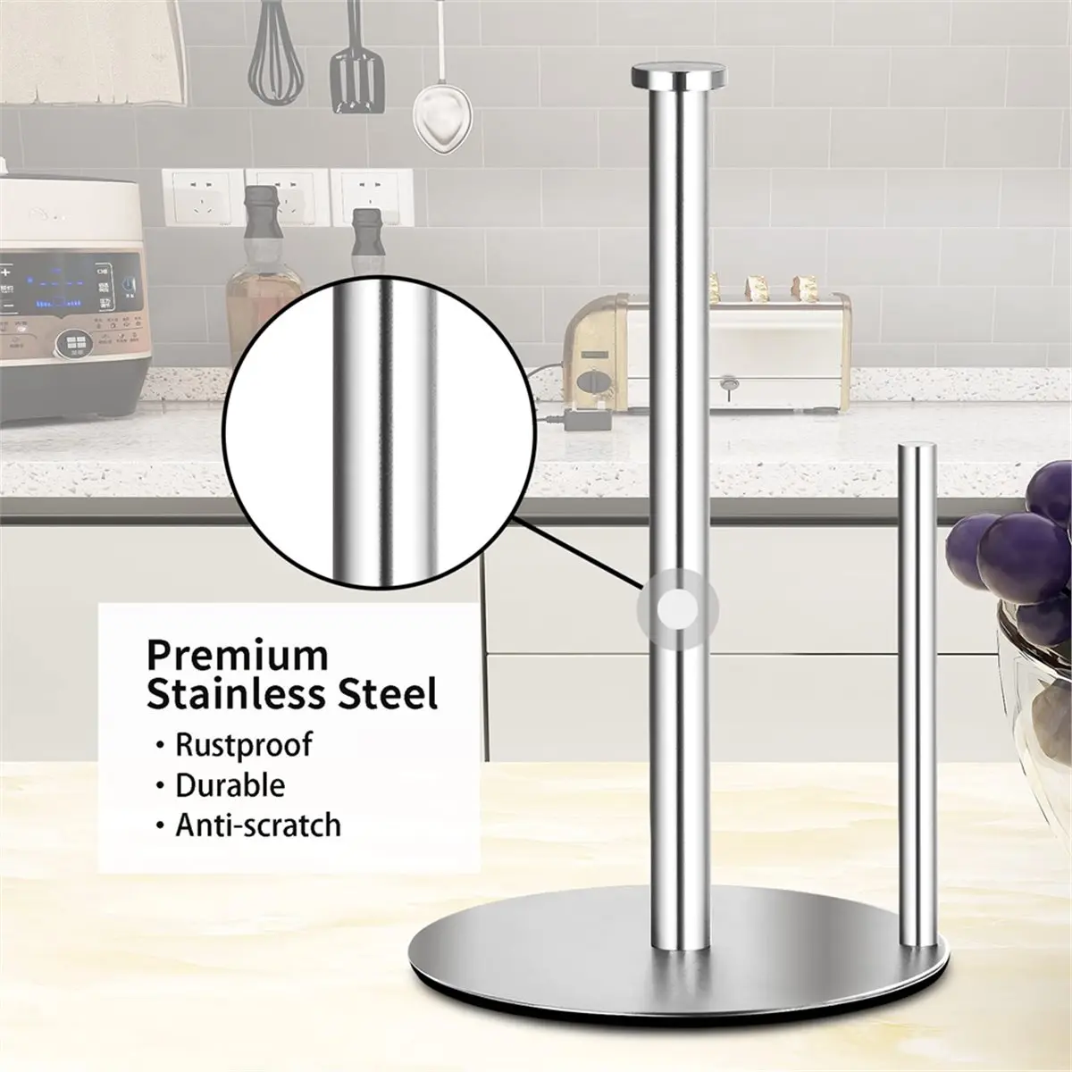 Time Saving Paper Towel Holder Countertop, Silver Kitchen Paper Towels Holder, Paper Roll Holder Easy One-Handed Tear