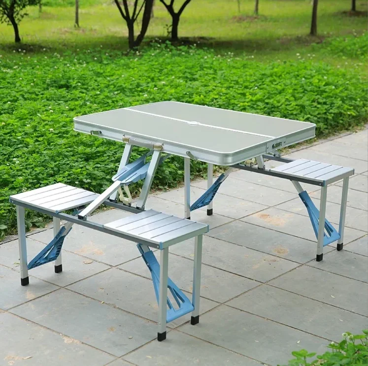 Aluminum Folding Picnic Table with 4 Seats Portable Camping Table with Bench Outdoor Suitcase Chair for BBQ Picnic Hiking