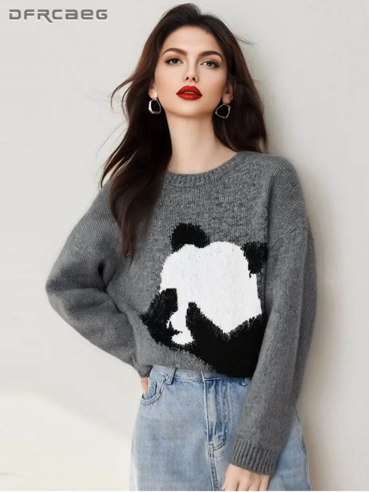

Korean Style Panda Cartoon Patchwork Soft Thicken Woman Sweater Autumn Winter Long Sleeve Loose Pullover Knitwear Top Lady