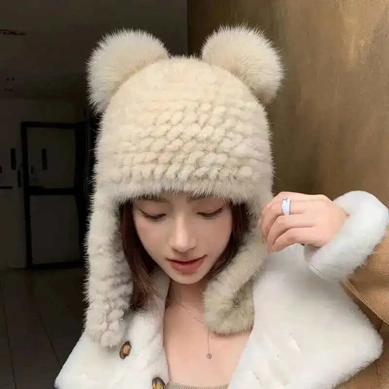 Winter Real Mink Fur Hat Knitted Fox Fur Ball Large Ear Protectors For Outdoor Travel Warm Thickened Fur Hat Elastic Female Caps