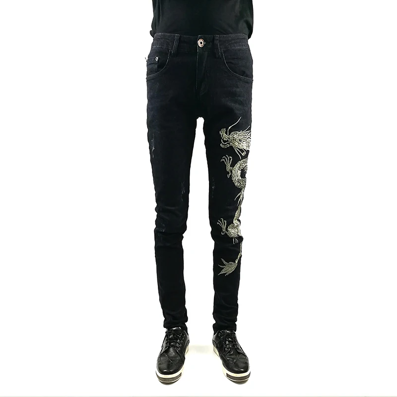 2026 New Men's Fashion Slim Casual Chinese Style Personalized Dragon Embroidery Jeans Plus Size Trousers Singer Costumes 29-38