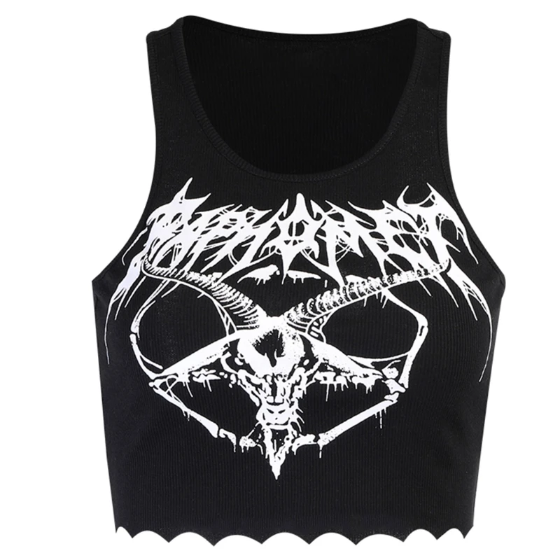 

Women Gothic Punk Sleeveless Skinny Crop Top Goth Grunge Goat Print Black Camisole Harajuku Ribbed Knit Slim Vest Shirt