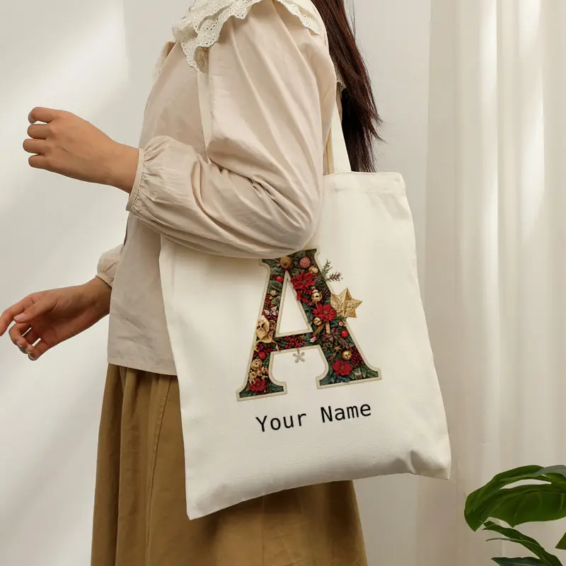 Custom Name Christmas Initial Letter A-Z Canvas Tote Bag Floral Holly Poinsettia Shopping Shoulder Bag Xmas Holiday Gift