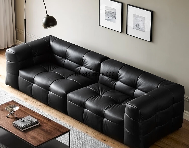 Italian minimalist black leather marshmallow sofa living room retro trio