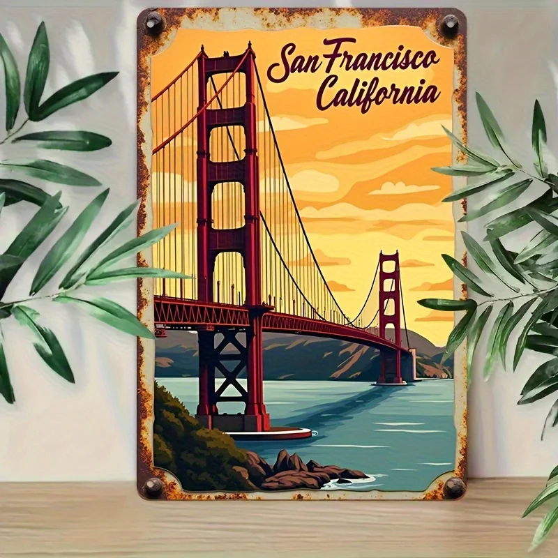 , Vintage San Francisco California Iron Sign, Retro Wall Art with Iconic Golden Gate Bridge Scene, Rustic Decorative Plaque for