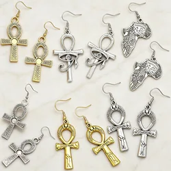 Vintage Ankh Cross Drop Earrings for Women Stainless Steel Ear Hook Alloy Pendant Jewelry Ancient Egyptian Pharaoh Accessories