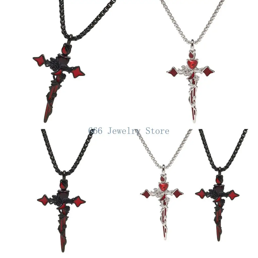 F2TD Beautiful Black Silver Heart And Crucifix Necklace Dainty Jewelry Anniversary Present For Women And Girls