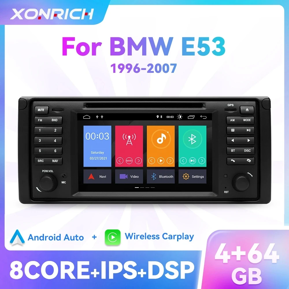 Carplay 2 Din 4GB 64GB Android 12 Car DVD Player For BMW 5 Series E39 X5 E53 Audio 8 Core GPS Stereo Navigation RDS Wifi DSP