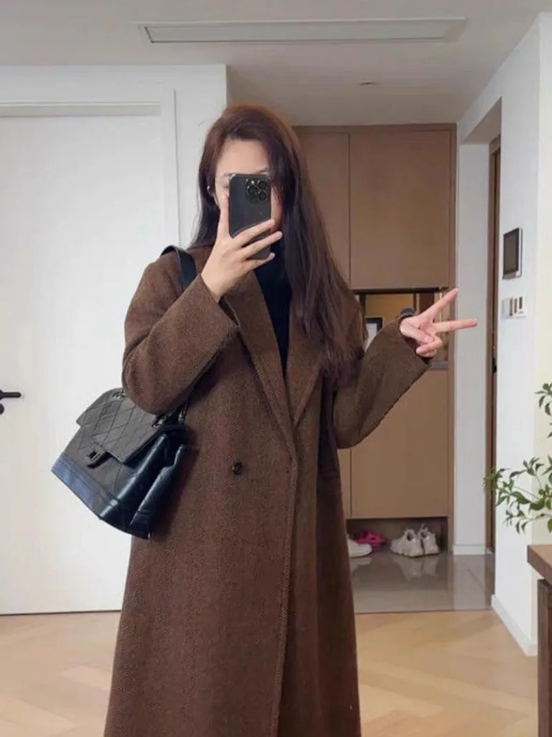 Women's Wool & Blends Coat Retro Long Brown Ladies Jackets Novelty Casual Elegant Trendy Outerwears Luxury Sleeve Cheap on Sale