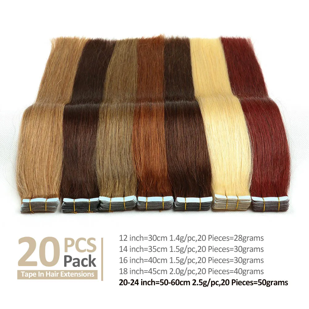 Hair Tape in Human Hair Extensions 20Pac 100% Real Human Hair Natural Straight Seamless Remy Hair 12-24\