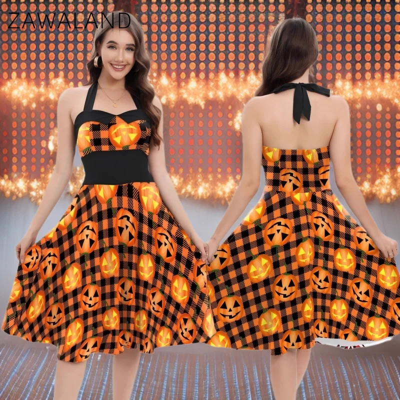 

Horror Pumpkin Cosplay Dresses Halloween Party Performance Costume For Woman Backless Plaid Dress Carnival Holiday Stage Outfits