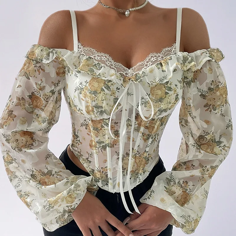 2025 ฤดูใบไม้ผลิใหม่สินค้าใหม่INS Pastoralดอกไม้พิมพ์กระดูกปลาSlimเชื้อราEdge Off-The-Shoulder Bubbleแขนด้านบน 751