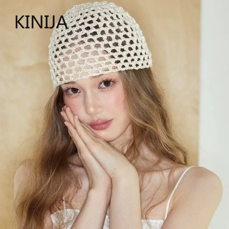 1 Stück Koreanische Atmungsaktive Haarnetz-Kappe mit Pailletten, Komfortable Perückenkappe, Ausgehöhlte Netz-Pullover-Mütze, Vielseitige Foto-Beanie