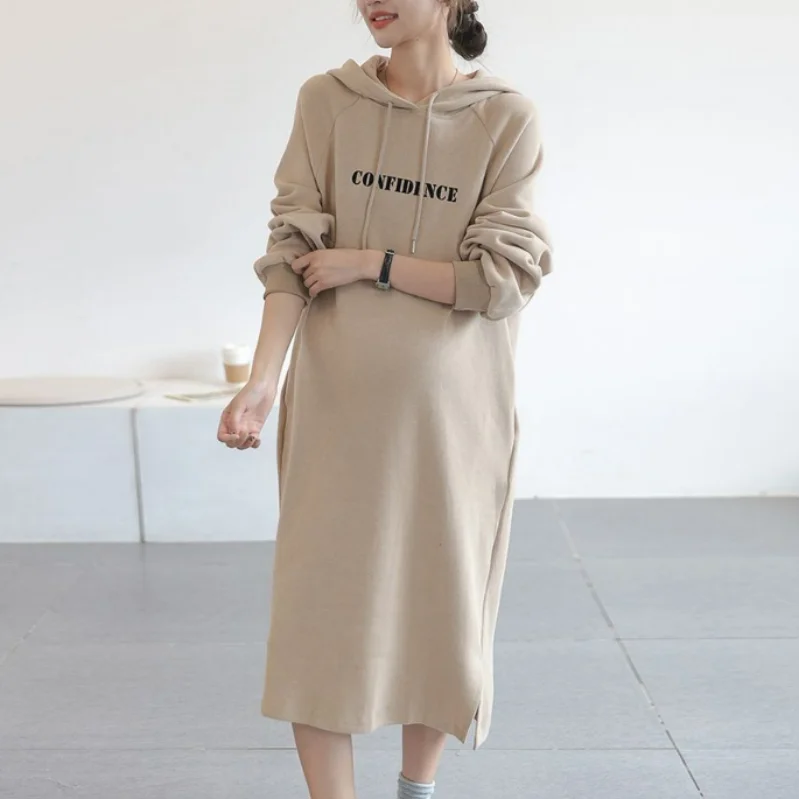 

Korean Loose Autumn New Maternity Hoodies Dress Solid Print Letter Pockets Fleece Fashion Hooded Drawstring Long Sleeve Dresses