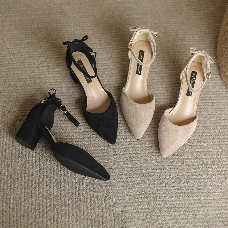 Retro Woman Shoes Block Heels Closed Toe Sandals Buckle 2026 Summer Suit Female Beige Original Chunky New Girls Strap High Fashi