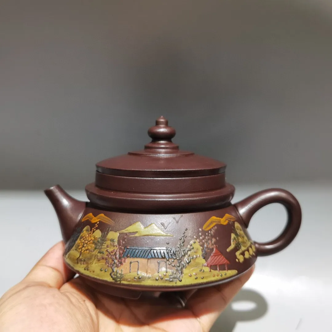 

6"Chinese Yixing Purple Clay Teapot Temple of Heaven teapot Landscape painting Kettle Teapot Flagon Gather fortune Ornaments