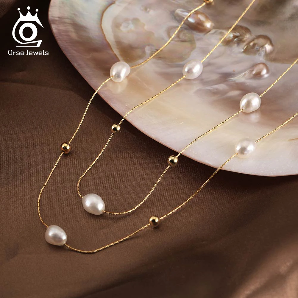 ORSA JEWELS Fashion Natural Pearl Necklace for Women 925 Sterling Silver Double Layered Beads Chain Summer Jewelry Gift GPN50