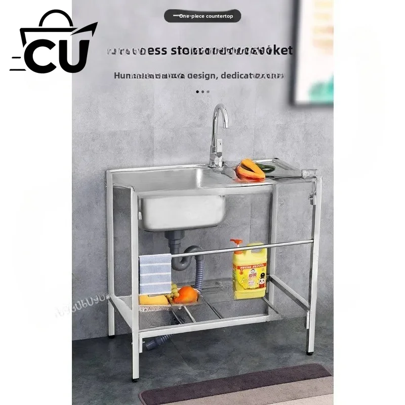 Kitchen Thickened Stainless Steel Sink Table Integrated Single Sink with Bracket Dishpan Washing Basin Sink
