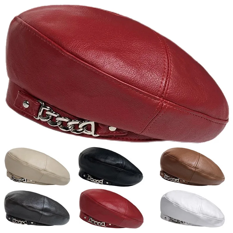 Punk Pu Leather Beret French Artist Warm Winter Beanie Hat Cap Vintage Plain Beret Hats Solid Color Elegant Lady Leather Caps