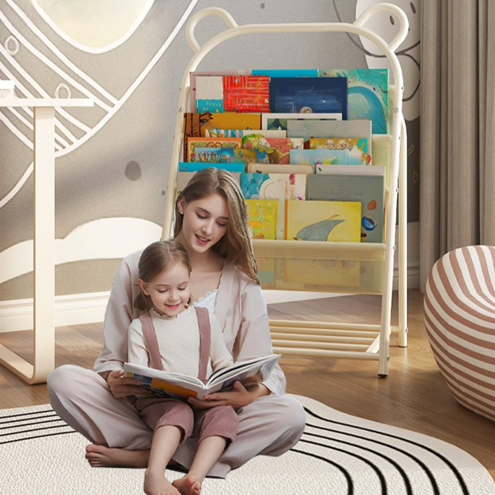 

4-Tier Kids Bookshelf 60x37x96cm Metal Book Rack Storage for Baby Corner Library Room Classroom Playroom