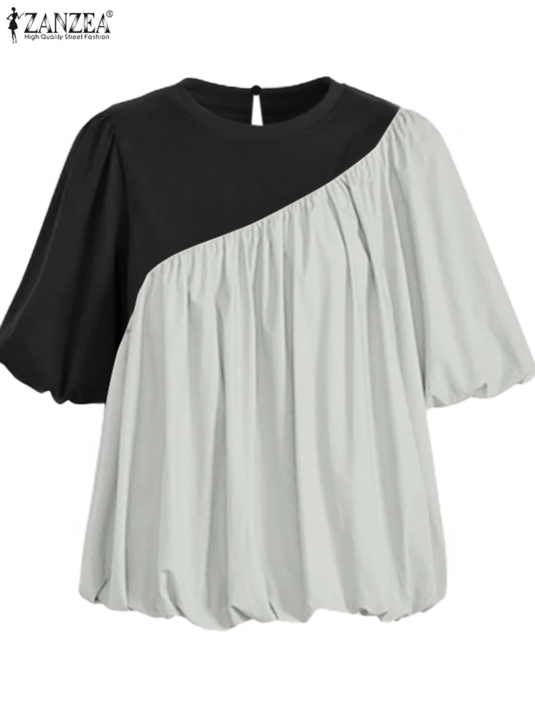 ZANZEA-Blusa plisada holgada de manga corta para mujer, camisa de retazos Irregular, estilo coreano, cuello redondo, Otoño, 2024