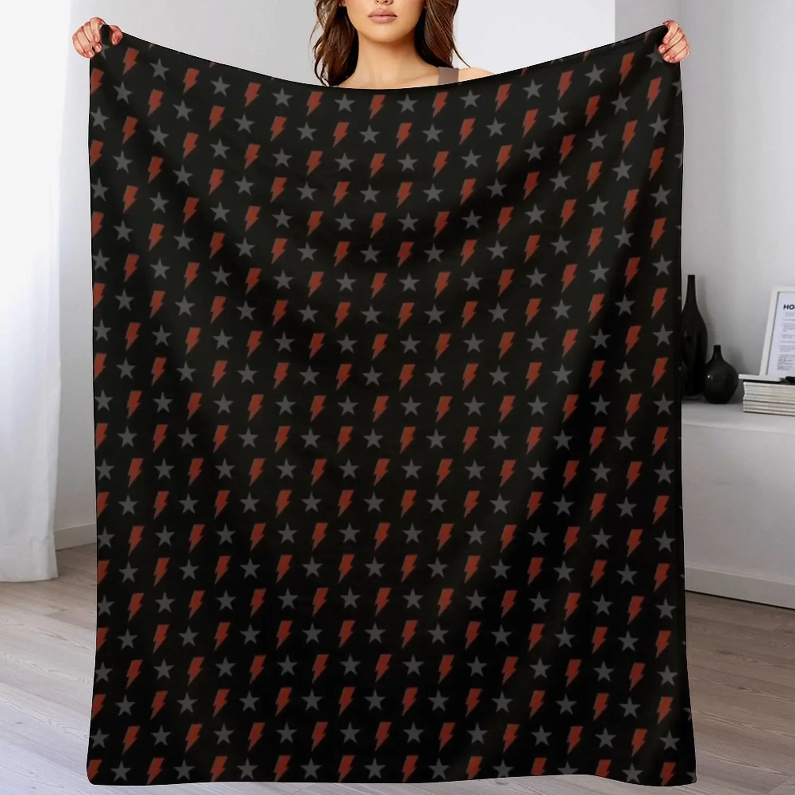 Red Bolt and Blackstar on Black Bowie Pattern Throw Blanket Stylish Couch Blanket for Home Living Room