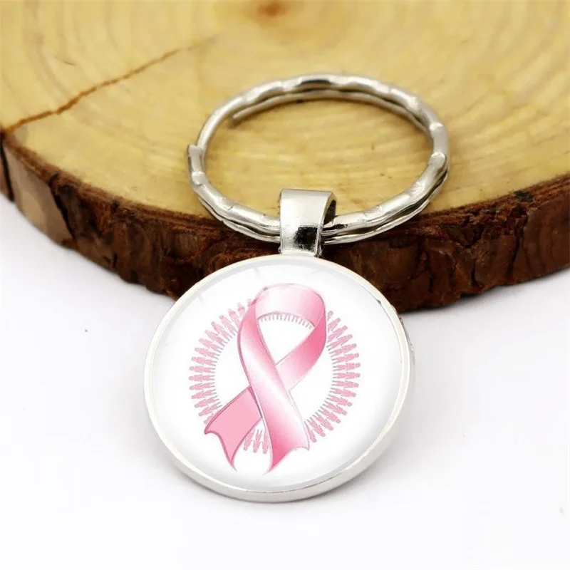 Breast Cancer Awareness Pink Ribbon Keychain Pendant Time Stone Metal Keyring Creative Gift