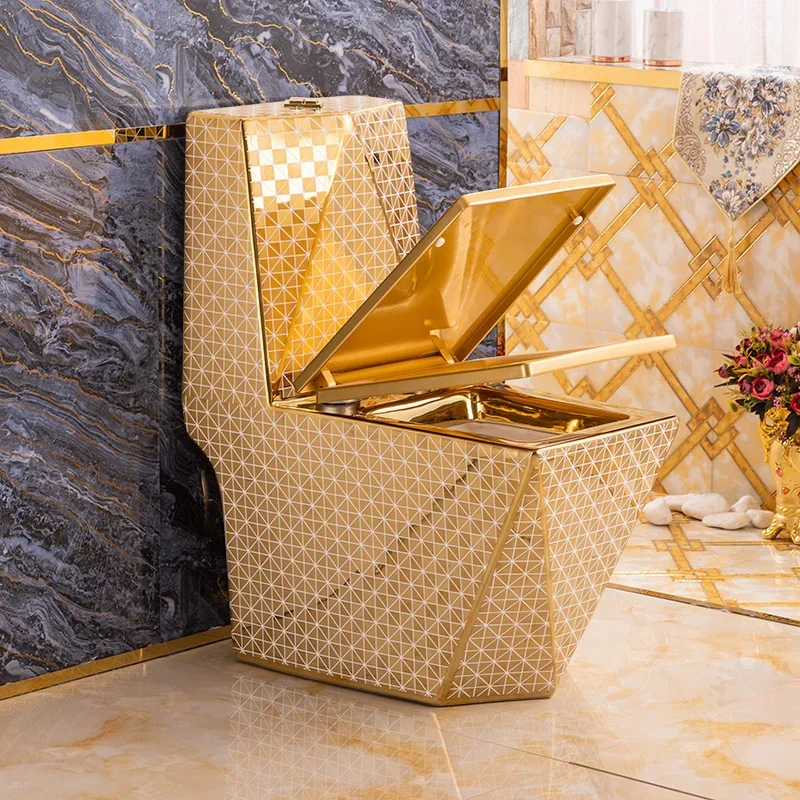 

European-Style Household Toilet Golden Toilet Bowl Ceramic Siphon Water-Saving Square Diamond Colored Gold Toilet