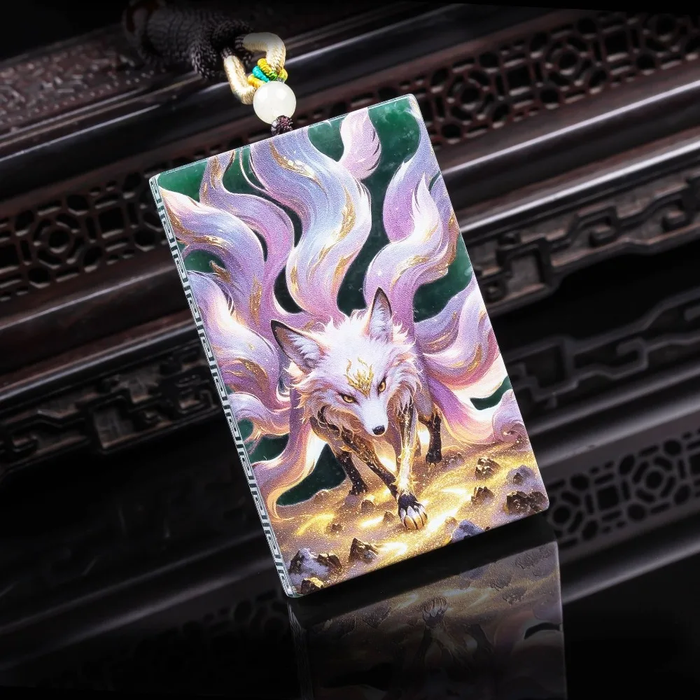Natural A-grade jade Nine Tailed Fox Fairy exquisite ultra clear spray painted high ice jade pendant Safety energy protection