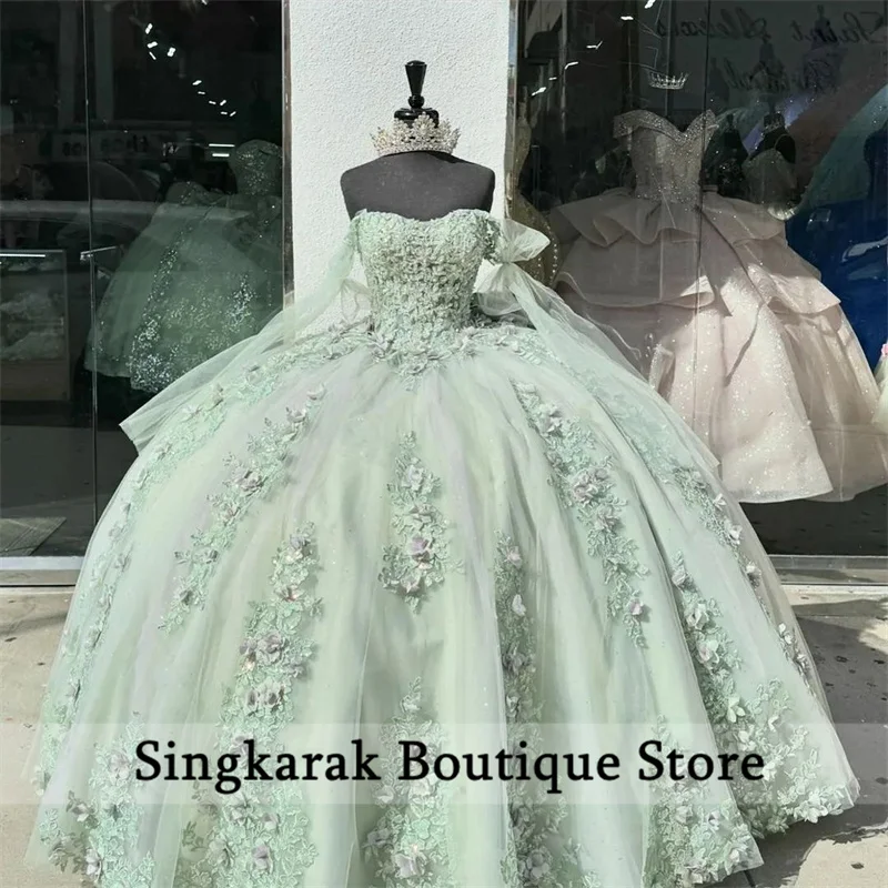 Cute Green Sweet 16 Ball Gown Quinceanera Dress Bow Beads Crystal Flower Lace Appliques Vestidos De 15 Años Lace-Up Customized